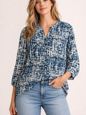 Blue & white  button down 3/4 sleeve tunic multi blue 3X